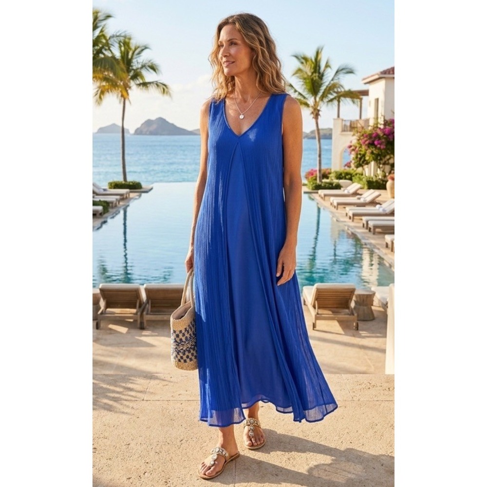 Soft Surroundings Sleeveless Maxi Dress PL Blue Resort Travel Beach Flowy